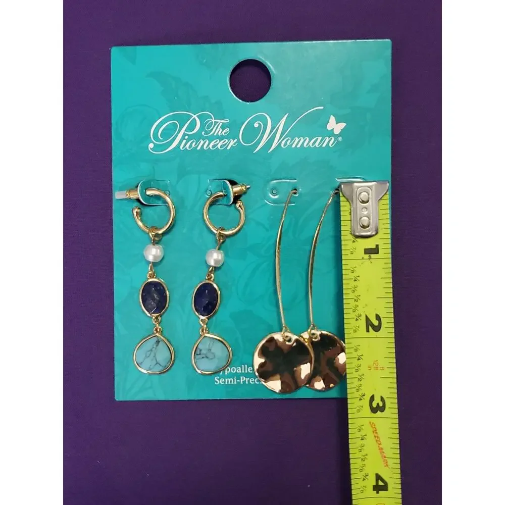 Pioneer Woman Two Pairs Earrings Long Dangle Pierced Threader Semiprecious New